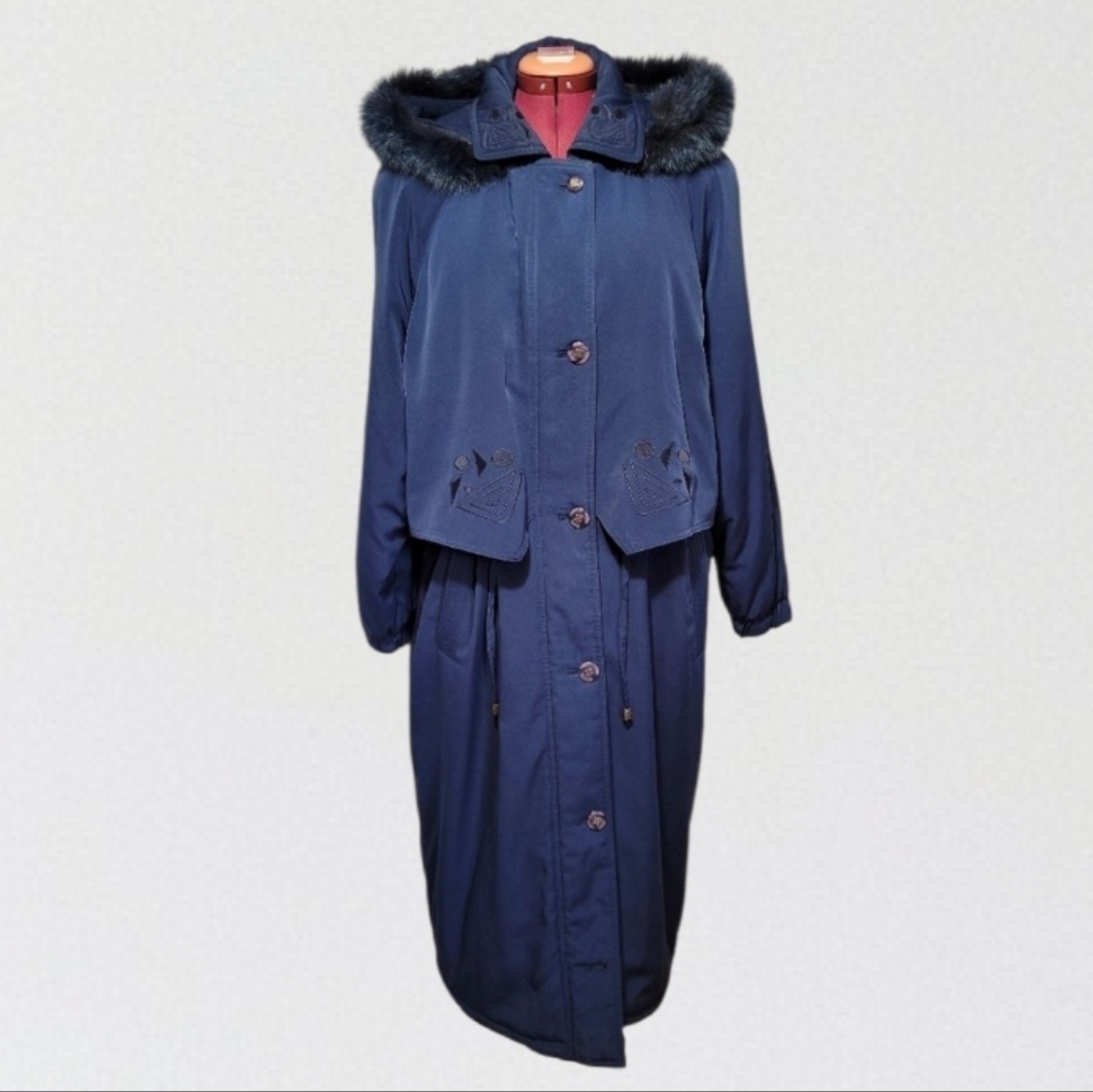Embroidered Women's Navy Winter Coat with Faux Fur Hood Fen-nelli